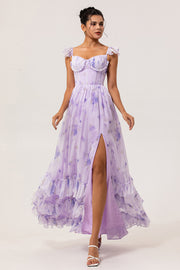 Lavender Floral A-Line Corset Ruffle Sleeves Chiffon Print Long Bridesmaid Dress with Slit