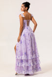 Lavender Floral A-Line Corset Chiffon Print Long Plus Size Bridesmaid Dress with Slit