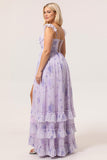 Lavender Floral A-Line Corset Chiffon Print Long Plus Size Bridesmaid Dress with Slit