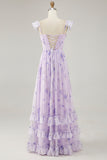 Lavender A-line Corset Lace Up Back Print Long Bridesmaid Dress with Slit