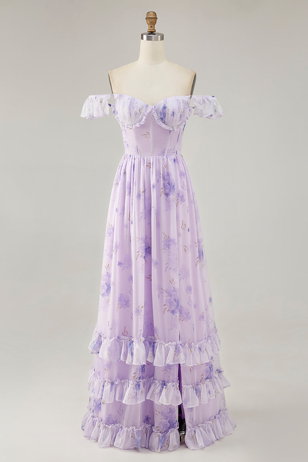 WEDTREND Women Plus Size Lavender Floral Long Bridesmaid Dress with Slit A-Line Corset Lace Up Back Chiffon Print Wedding Guest Dress WEDTREND Women Plus Size Lavender Floral Long Bridesmaid Dress with Slit A-Line Corset Lace Up Back Chiffon Print Wedding Guest Dress