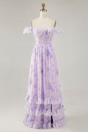 Lavender A-line Corset Lace Up Back Print Long Bridesmaid Dress with Slit