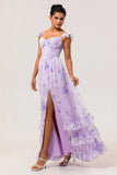 Lavender Floral A-Line Corset Chiffon Print Long Plus Size Bridesmaid Dress with Slit
