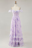 Lavender A-line Corset Lace Up Back Print Long Bridesmaid Dress with Slit