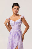 Lavender Floral A-Line Corset Chiffon Print Long Plus Size Bridesmaid Dress with Slit