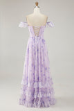 Lavender Floral A-Line Corset Chiffon Print Long Plus Size Bridesmaid Dress with Slit