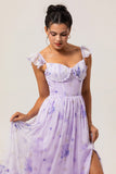 Lavender Floral A-Line Corset Chiffon Print Long Plus Size Bridesmaid Dress with Slit