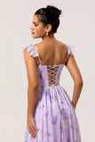 Lavender Floral A-Line Corset Chiffon Print Long Plus Size Bridesmaid Dress with Slit