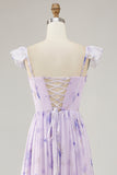 Lavender A-line Corset Lace Up Back Print Long Bridesmaid Dress with Slit