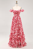 A-line Off The Shoulder Ruched Red Flower Convertible Long Bridesmaid Dress with Slit
