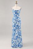 Blue Flower Printed Sheath Spaghetti Straps Long Wedding Guest Dress