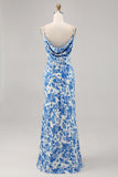 Blue Flower Printed Sheath Spaghetti Straps Long Wedding Guest Dress