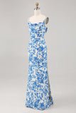 Blue Flower Printed Sheath Spaghetti Straps Long Wedding Guest Dress
