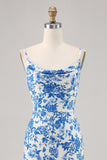 Blue Flower Printed Sheath Spaghetti Straps Long Wedding Guest Dress