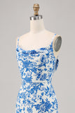 Blue Flower Printed Sheath Spaghetti Straps Long Wedding Guest Dress