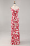 Red Flower Sheath Spaghetti Straps Floral Long Wedding Guest Dress