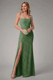 Dusty Blue Sheath Spaghetti Straps Maxi Dress With Slit