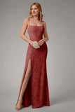 Dusty Blue Sheath Spaghetti Straps Maxi Dress With Slit
