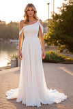 Ivory A Line Long Boho Wedding Dress With Ruffles