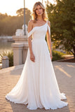Ivory A Line Long Boho Wedding Dress With Ruffles