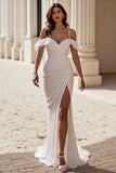 Ruched Mermaid Cold Shoulder Ivory Wedding Dress With Slit