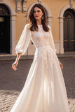 Appliqued Ivory A Line Wedding Dress With Puff Sleeves