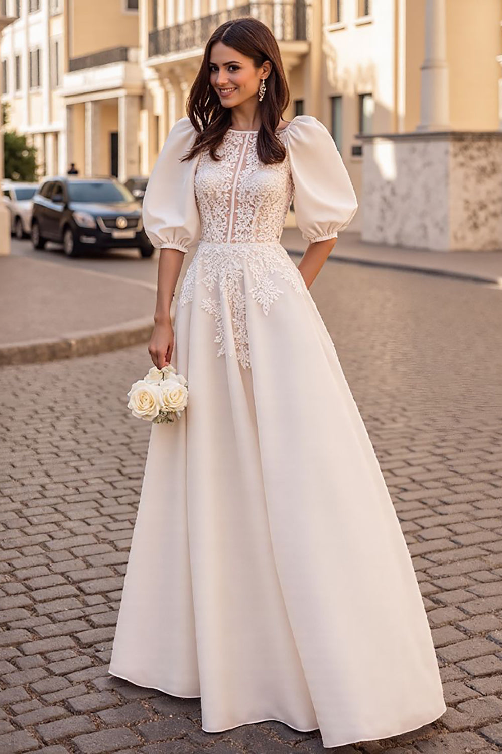 WEDTREND Women Ivory Wedding Dress With Appliques Bateau Neck Puff Sleeve A Line Bridal Dress WEDTREND Women Ivory Wedding Dress With Appliques Bateau Neck Puff Sleeve A Line Bridal Dress