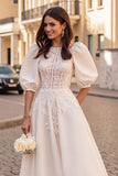 Appliqued Ivory A Line Wedding Dress With Puff Sleeves
