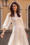 Appliqued Ivory A Line Wedding Dress With Puff Sleeves