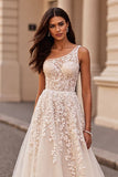 One Shoulder Ivory Long A line Wedding Dress With Appliques