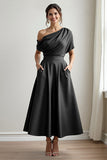 Black A-Line One Shoulder Ruched Satin Long Mother Of The Bride Dress with Pockets