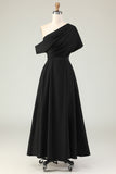 Black A-Line One Shoulder Ruched Satin Long Mother Of The Bride Dress with Pockets