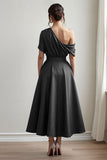 Black A-Line One Shoulder Ruched Satin Long Mother Of The Bride Dress with Pockets