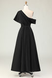 Black A-Line One Shoulder Ruched Satin Long Mother Of The Bride Dress with Pockets