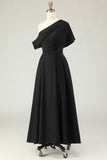 Black A-Line One Shoulder Ruched Satin Long Mother Of The Bride Dress with Pockets
