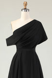 Black A-Line One Shoulder Ruched Satin Long Mother Of The Bride Dress with Pockets