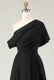 Black A-Line One Shoulder Ruched Satin Long Mother Of The Bride Dress with Pockets