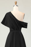 Black A-Line One Shoulder Ruched Satin Long Mother Of The Bride Dress with Pockets