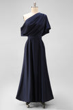 Black A-Line One Shoulder Ruched Satin Long Mother Of The Bride Dress with Pockets