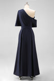 Black A-Line One Shoulder Ruched Satin Long Mother Of The Bride Dress with Pockets