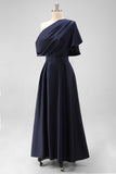 Black A-Line One Shoulder Ruched Satin Long Mother Of The Bride Dress with Pockets