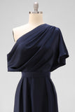 Black A-Line One Shoulder Ruched Satin Long Mother Of The Bride Dress with Pockets