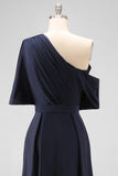Black A-Line One Shoulder Ruched Satin Long Mother Of The Bride Dress with Pockets