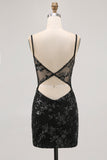 Sparkly Black Spaghetti Straps Sequins Sheer Corset Tight Homecoming Dress