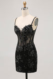Sparkly Black Spaghetti Straps Sequins Sheer Corset Tight Homecoming Dress