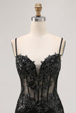 Sparkly Black Spaghetti Straps Sequins Sheer Corset Tight Homecoming Dress