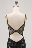 Sparkly Black Spaghetti Straps Sequins Sheer Corset Tight Homecoming Dress