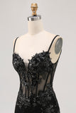Sparkly Black Spaghetti Straps Sequins Sheer Corset Tight Homecoming Dress