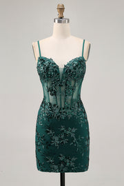 Dark Green Sequins Sheer Corset Tight Short Homecoming Dress