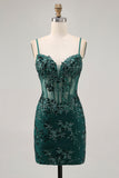 Sparkly Dark Green Sequins Bodycon Backless Corset Homecoming Dress